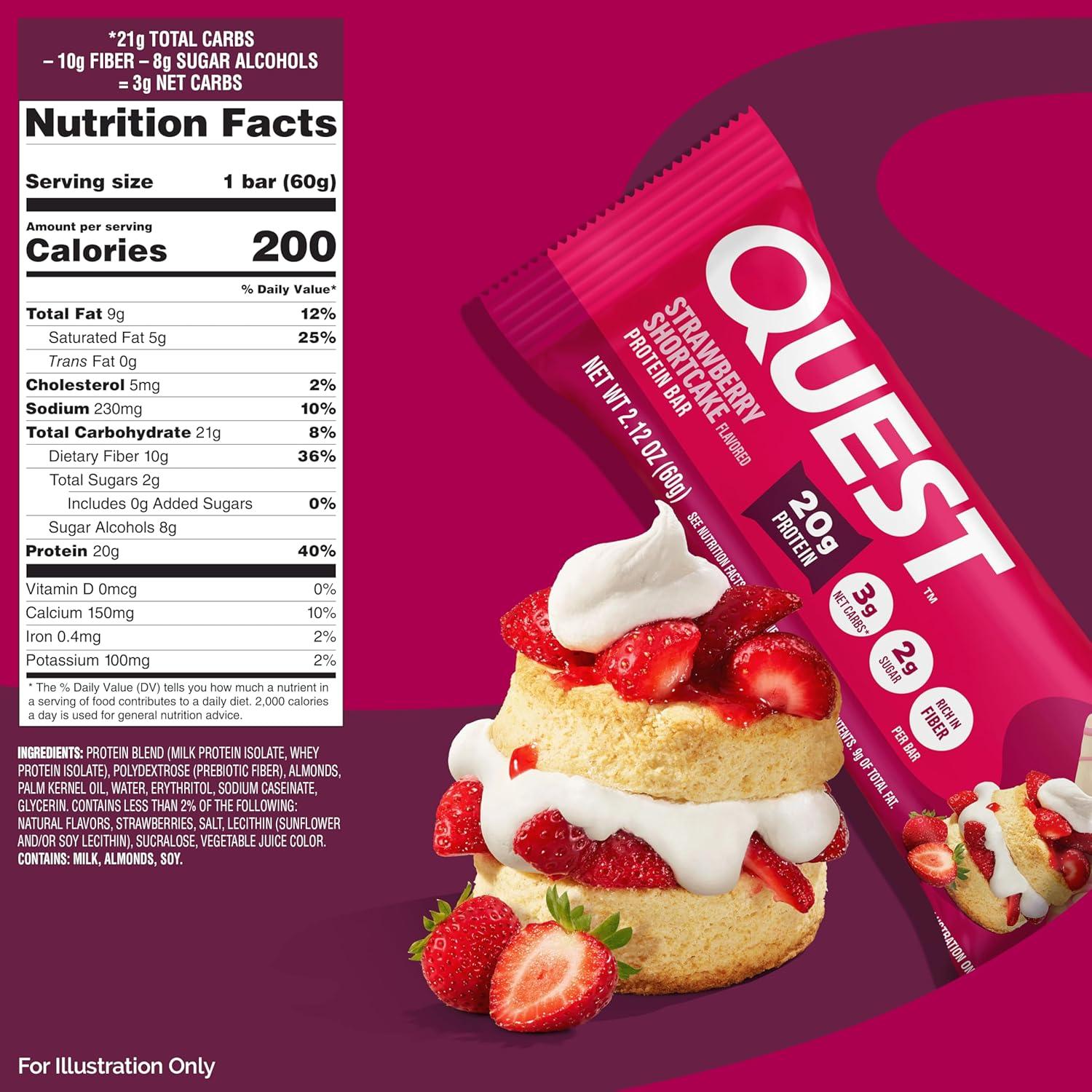 imageQuest Nutrition SMores Protein Bars 21g Protein 1g Sugar 4g Net Carb Gluten Free Keto Friendly 12 CountStrawberry Shortcake