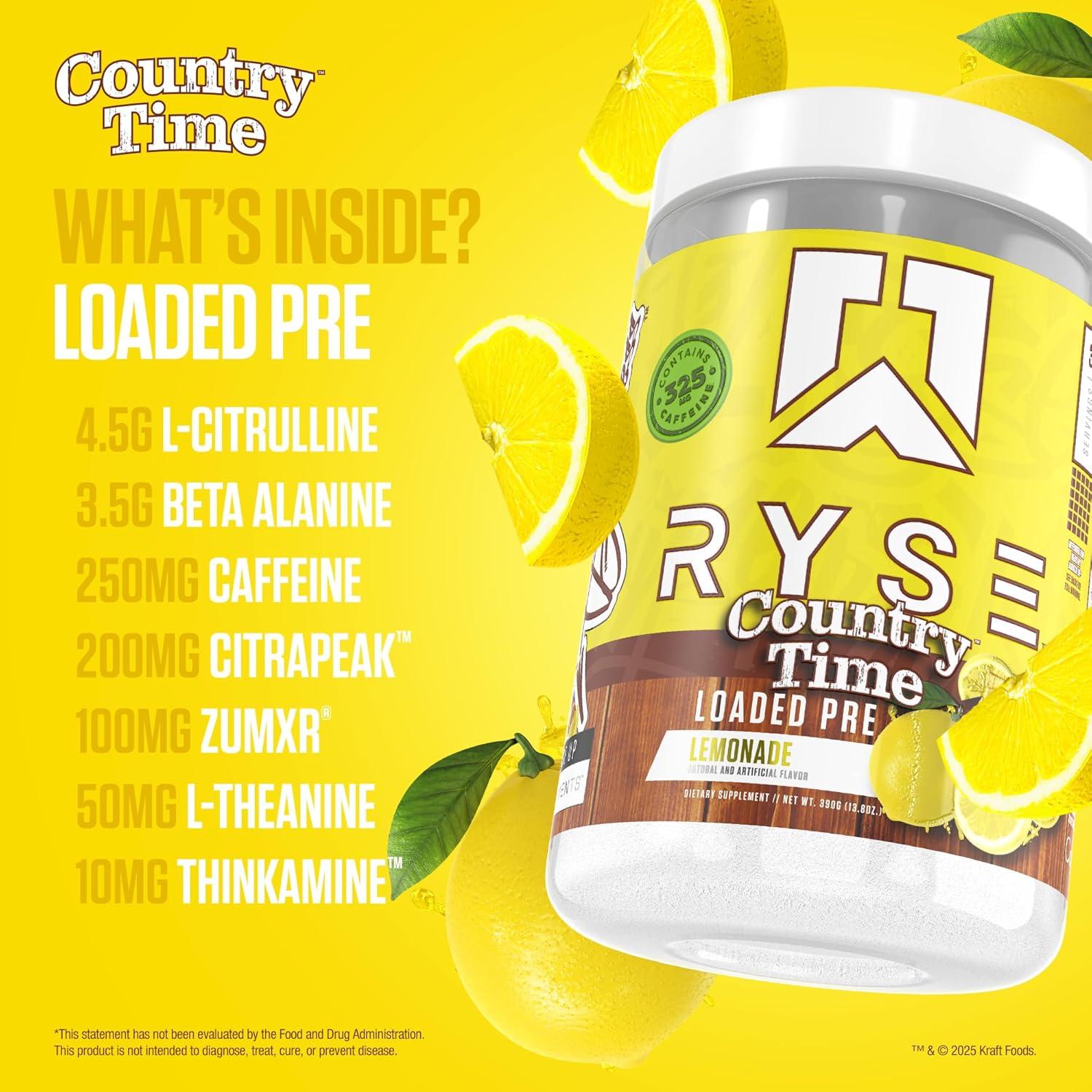 imageRyse Loaded Pre Workout Powder Freedom Rocks Daily PreWorkout for Men amp Women with 325mg Caffeine Beta Alanine and Citrulline for Pump Focus and Energy 30 ServingsCountry Time Lemonade