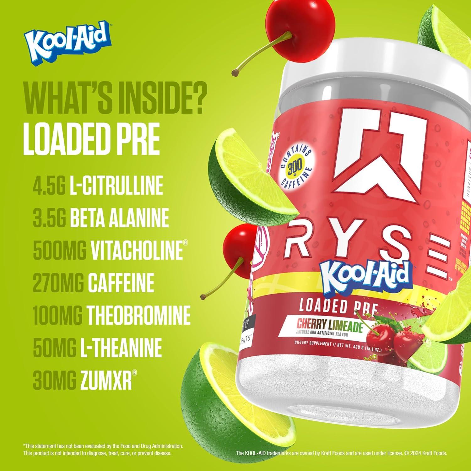 imageRyse Loaded Pre Workout Powder Freedom Rocks Daily PreWorkout for Men amp Women with 325mg Caffeine Beta Alanine and Citrulline for Pump Focus and Energy 30 ServingsKoolAid Cherry Limeade