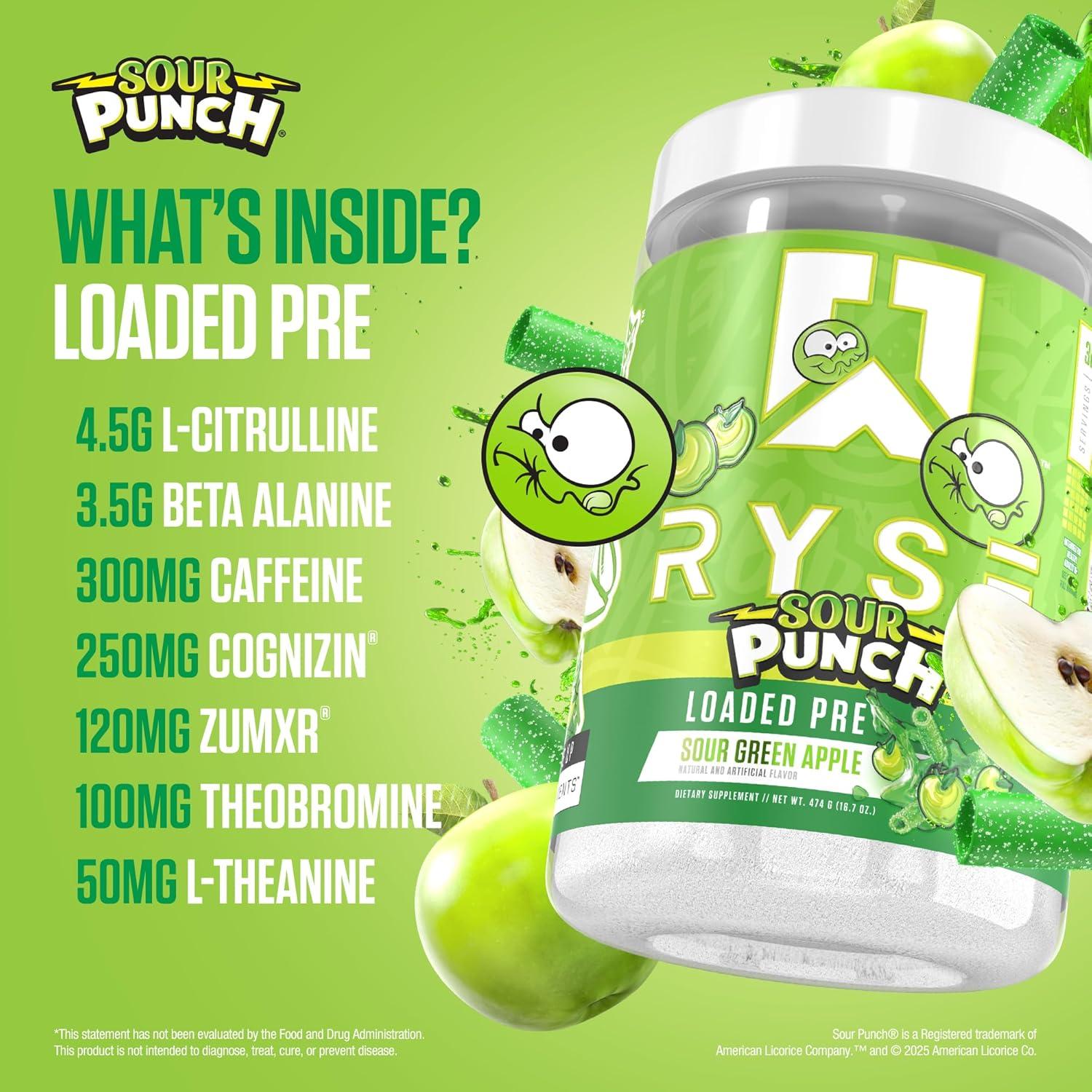 imageRyse Loaded Pre Workout Powder Freedom Rocks Daily PreWorkout for Men amp Women with 325mg Caffeine Beta Alanine and Citrulline for Pump Focus and Energy 30 ServingsSour Punch Green Apple
