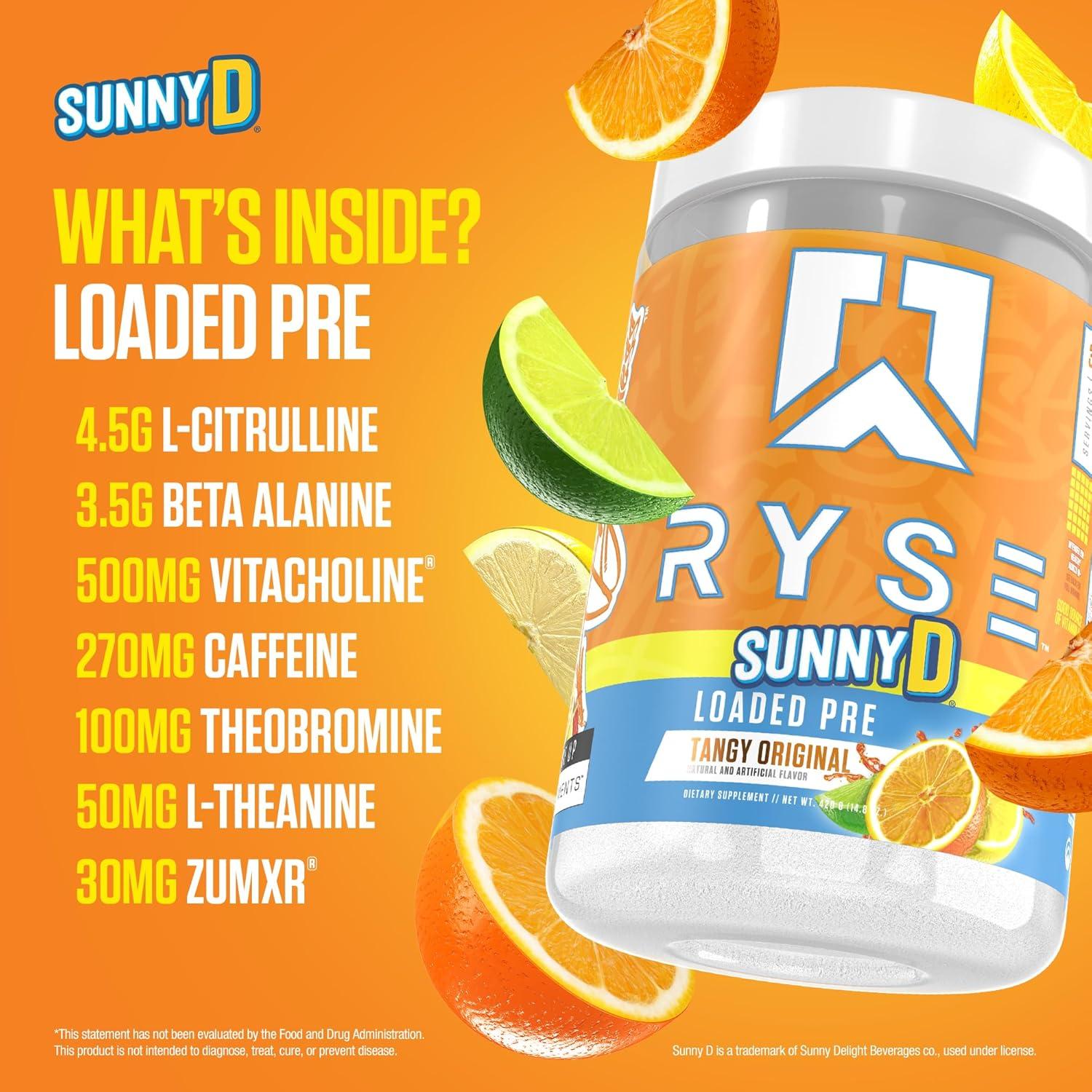 imageRyse Loaded Pre Workout Powder Freedom Rocks Daily PreWorkout for Men amp Women with 325mg Caffeine Beta Alanine and Citrulline for Pump Focus and Energy 30 ServingsSunnyD Tangy Original