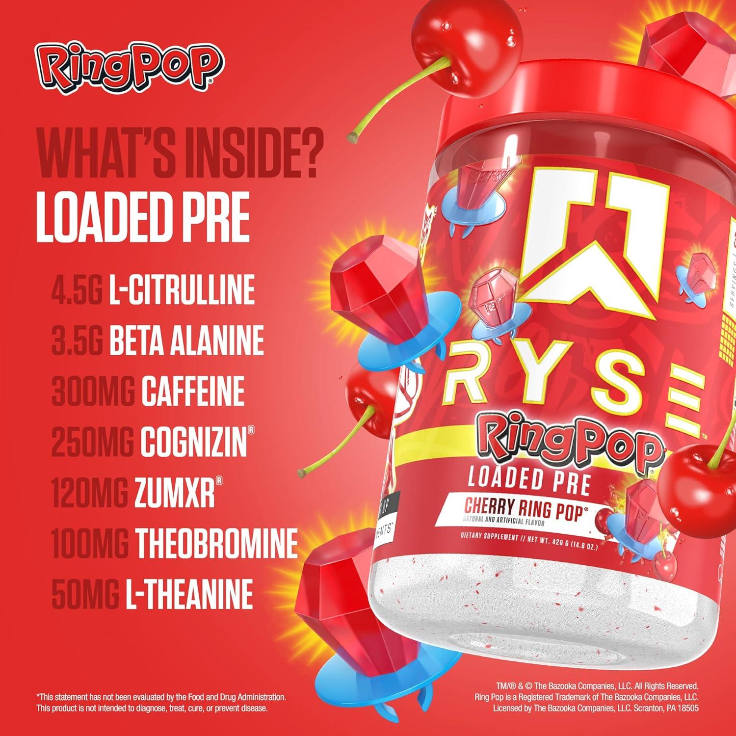 imageRyse Loaded Pre Workout Powder Freedom Rocks Daily PreWorkout for Men amp Women with 325mg Caffeine Beta Alanine and Citrulline for Pump Focus and Energy 30 ServingsRing Pop Cherry