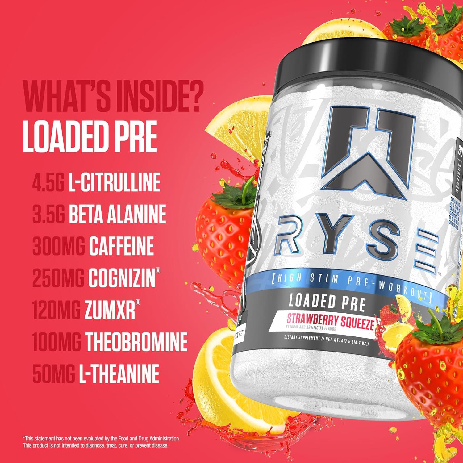 imageRyse Loaded Pre Workout Powder Freedom Rocks Daily PreWorkout for Men amp Women with 325mg Caffeine Beta Alanine and Citrulline for Pump Focus and Energy 30 ServingsStrawberry Squeeze