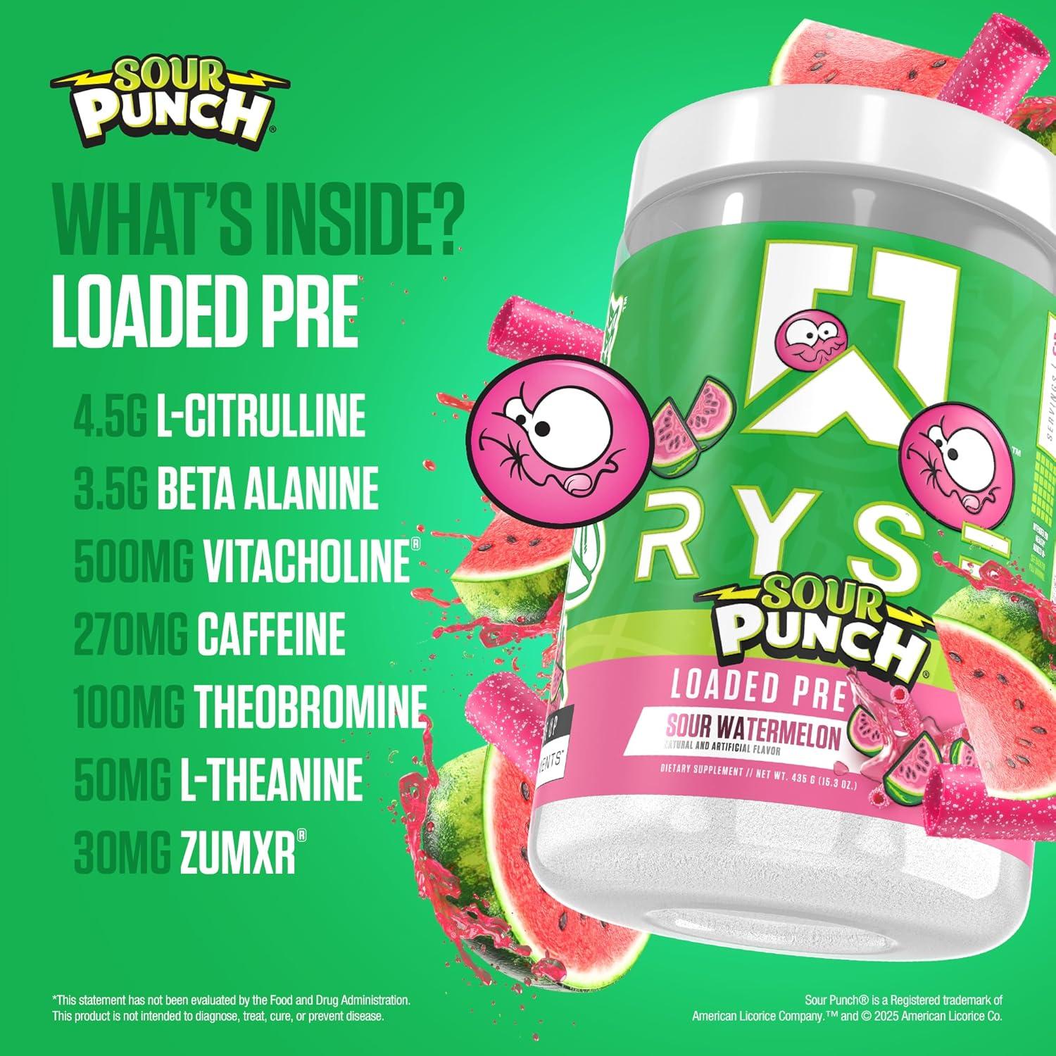 imageRyse Loaded Pre Workout Powder Freedom Rocks Daily PreWorkout for Men amp Women with 325mg Caffeine Beta Alanine and Citrulline for Pump Focus and Energy 30 ServingsSour Punch Watermelon