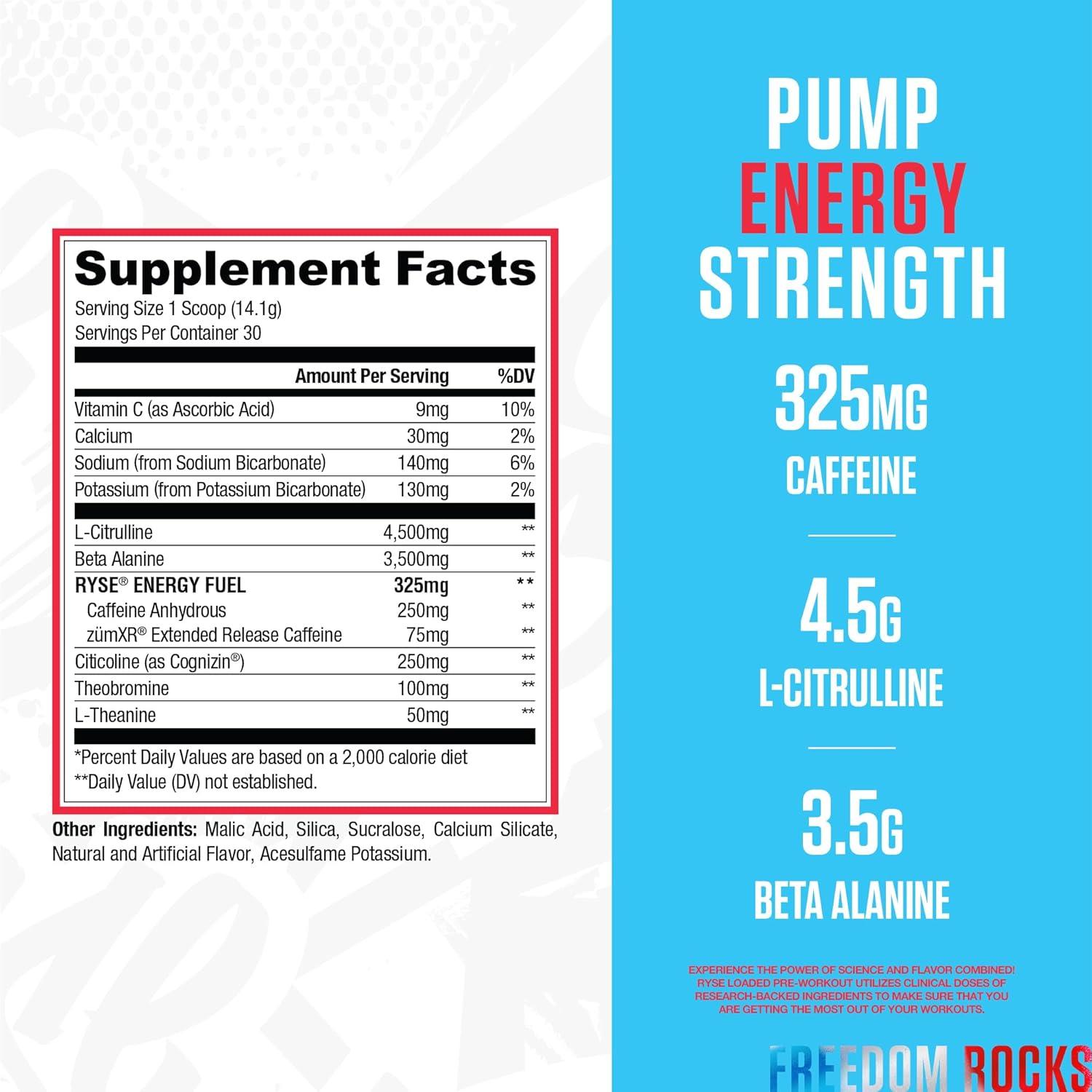 imageRyse Loaded Pre Workout Powder Freedom Rocks Daily PreWorkout for Men amp Women with 325mg Caffeine Beta Alanine and Citrulline for Pump Focus and Energy 30 ServingsFreedom Rocks
