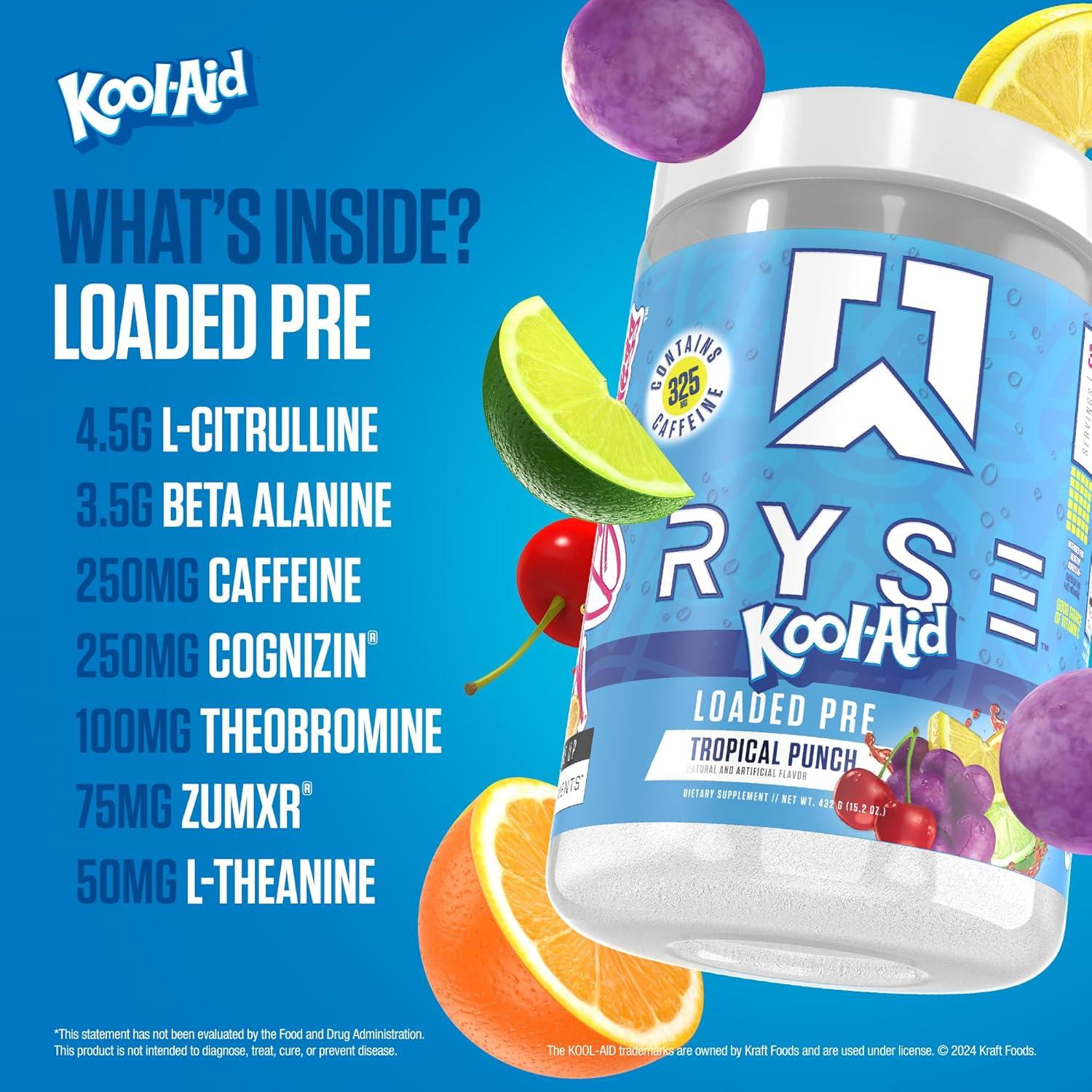 imageRyse Loaded Pre Workout Powder Freedom Rocks Daily PreWorkout for Men amp Women with 325mg Caffeine Beta Alanine and Citrulline for Pump Focus and Energy 30 ServingsKoolAid Tropical Punch