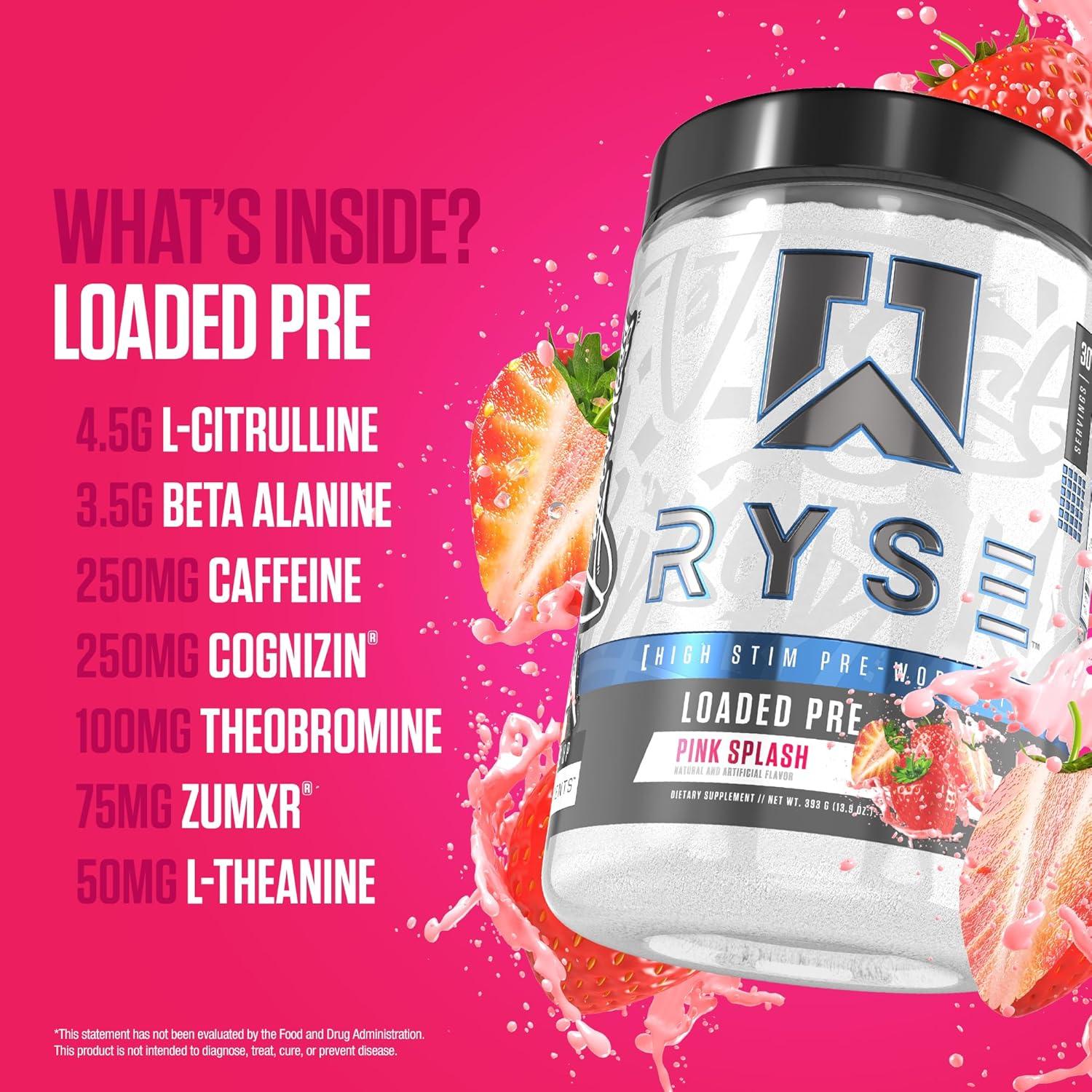 imageRyse Loaded Pre Workout Powder Freedom Rocks Daily PreWorkout for Men amp Women with 325mg Caffeine Beta Alanine and Citrulline for Pump Focus and Energy 30 ServingsPink Splash
