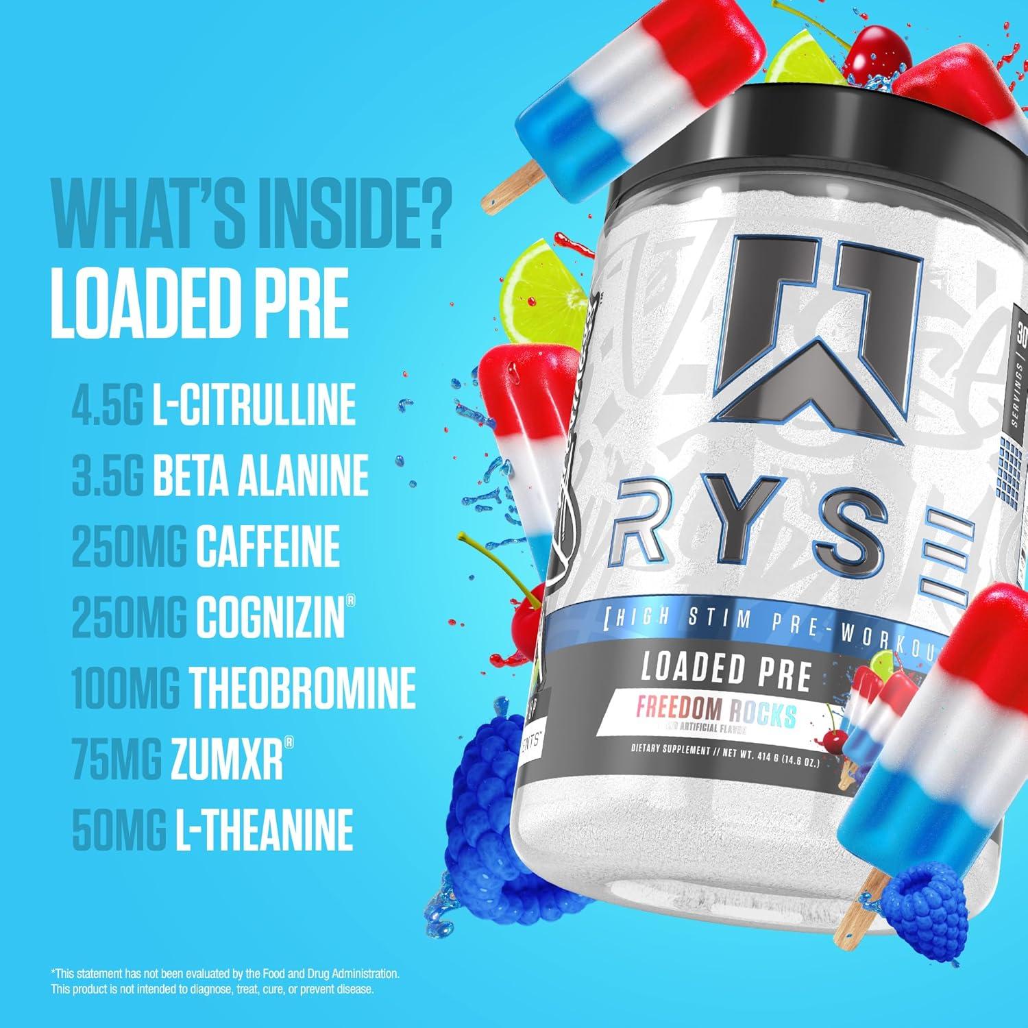 imageRyse Loaded Pre Workout Powder Freedom Rocks Daily PreWorkout for Men amp Women with 325mg Caffeine Beta Alanine and Citrulline for Pump Focus and Energy 30 ServingsFreedom Rocks