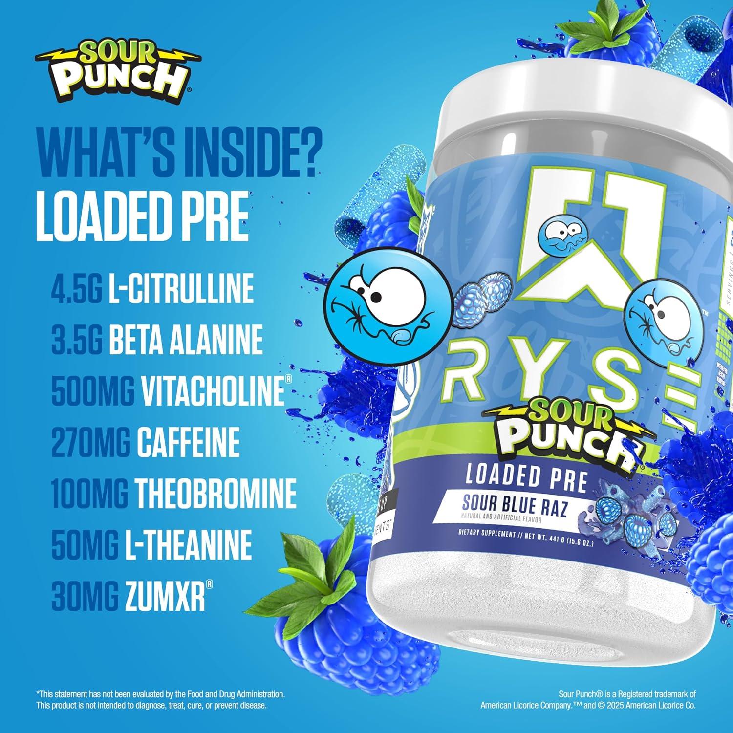 imageRyse Loaded Pre Workout Powder Freedom Rocks Daily PreWorkout for Men amp Women with 325mg Caffeine Beta Alanine and Citrulline for Pump Focus and Energy 30 ServingsSour Punch Blue Raz