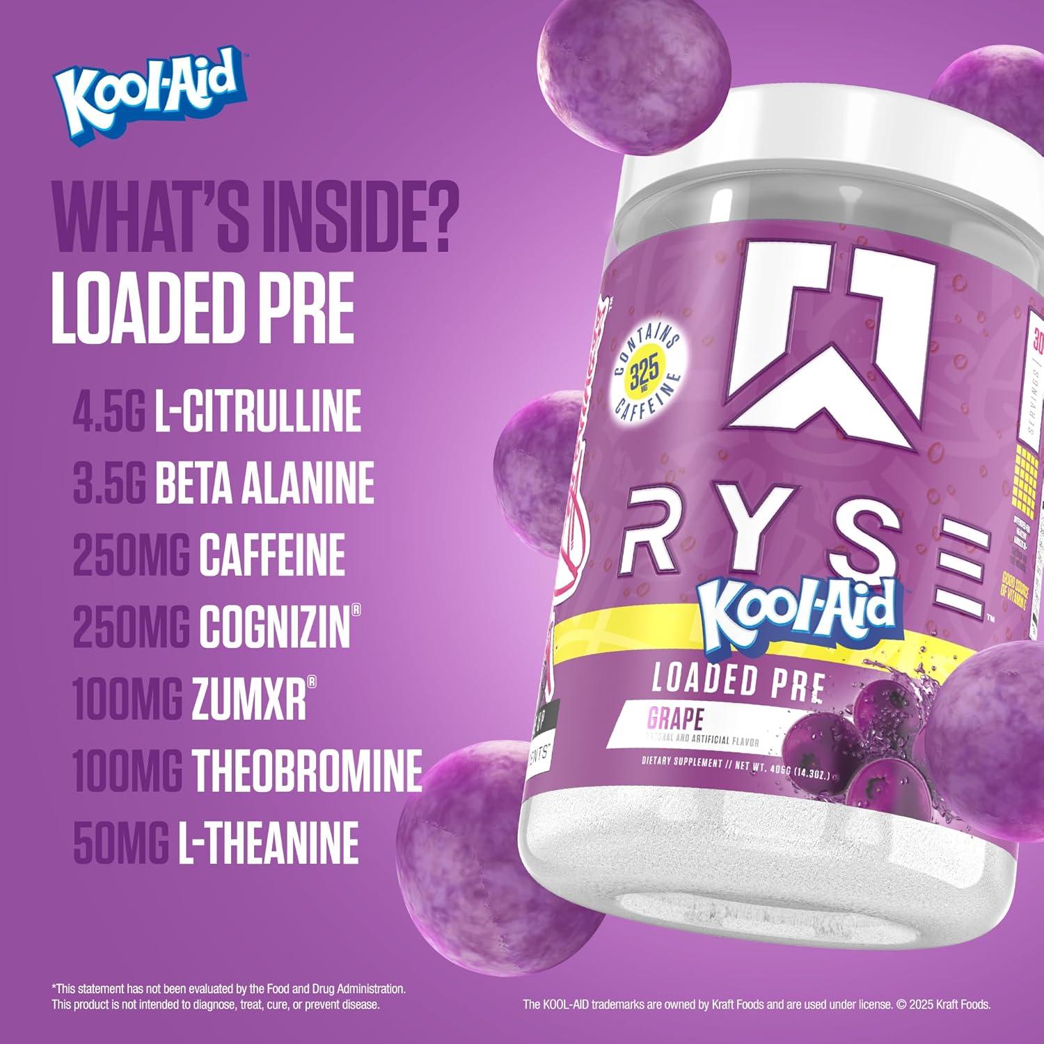 imageRyse Loaded Pre Workout Powder Freedom Rocks Daily PreWorkout for Men amp Women with 325mg Caffeine Beta Alanine and Citrulline for Pump Focus and Energy 30 ServingsKoolAid Grape