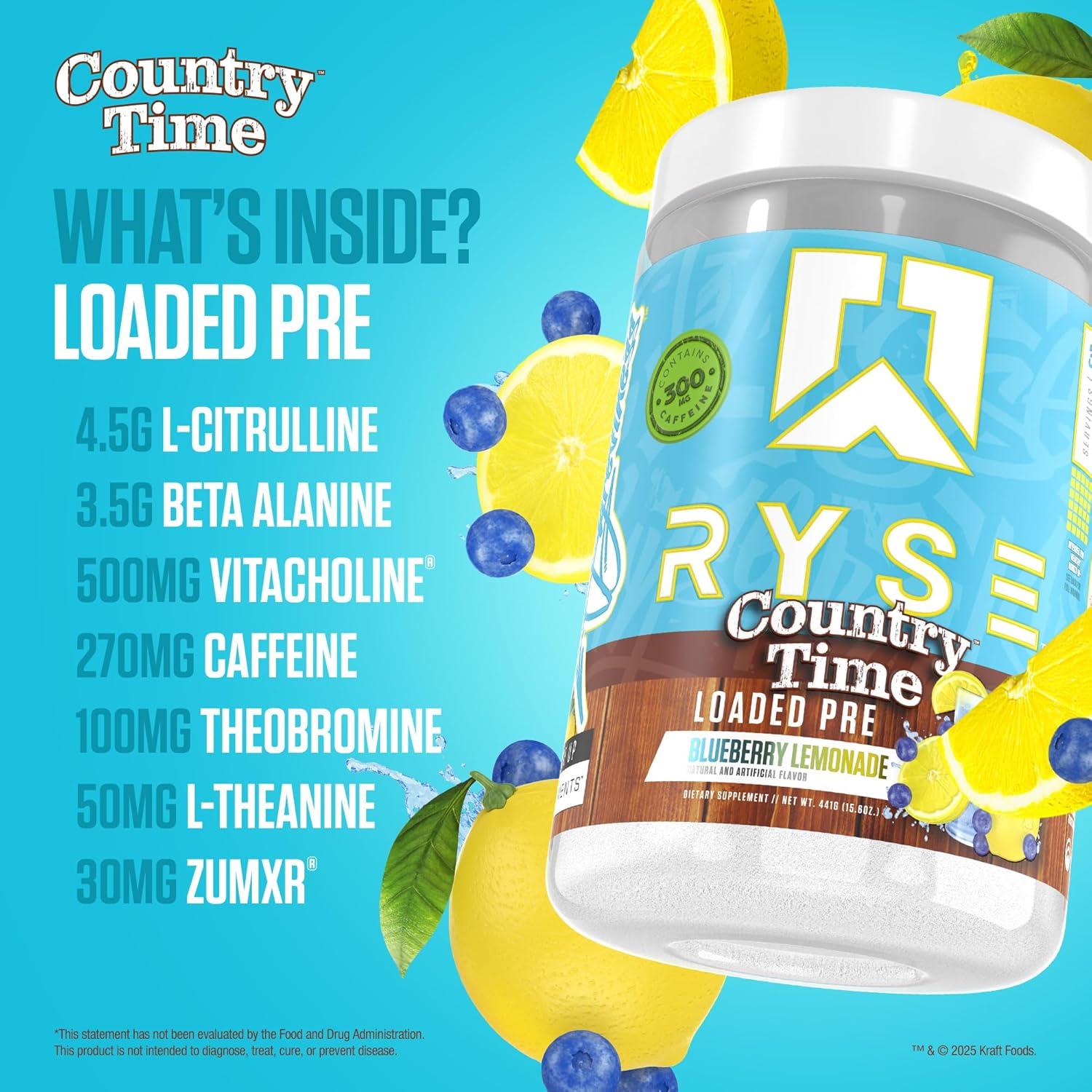 imageRyse Loaded Pre Workout Powder Freedom Rocks Daily PreWorkout for Men amp Women with 325mg Caffeine Beta Alanine and Citrulline for Pump Focus and Energy 30 ServingsCountry Time Blueberry Lemonade