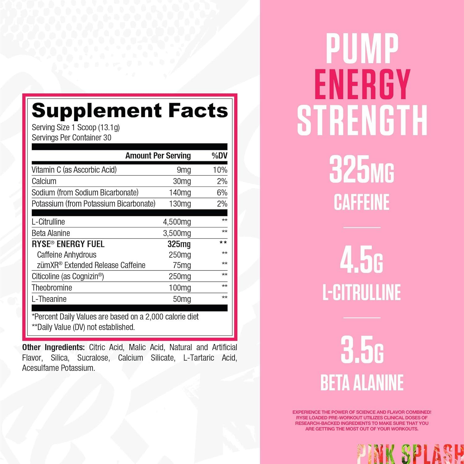 imageRyse Loaded Pre Workout Powder Freedom Rocks Daily PreWorkout for Men amp Women with 325mg Caffeine Beta Alanine and Citrulline for Pump Focus and Energy 30 ServingsPink Splash