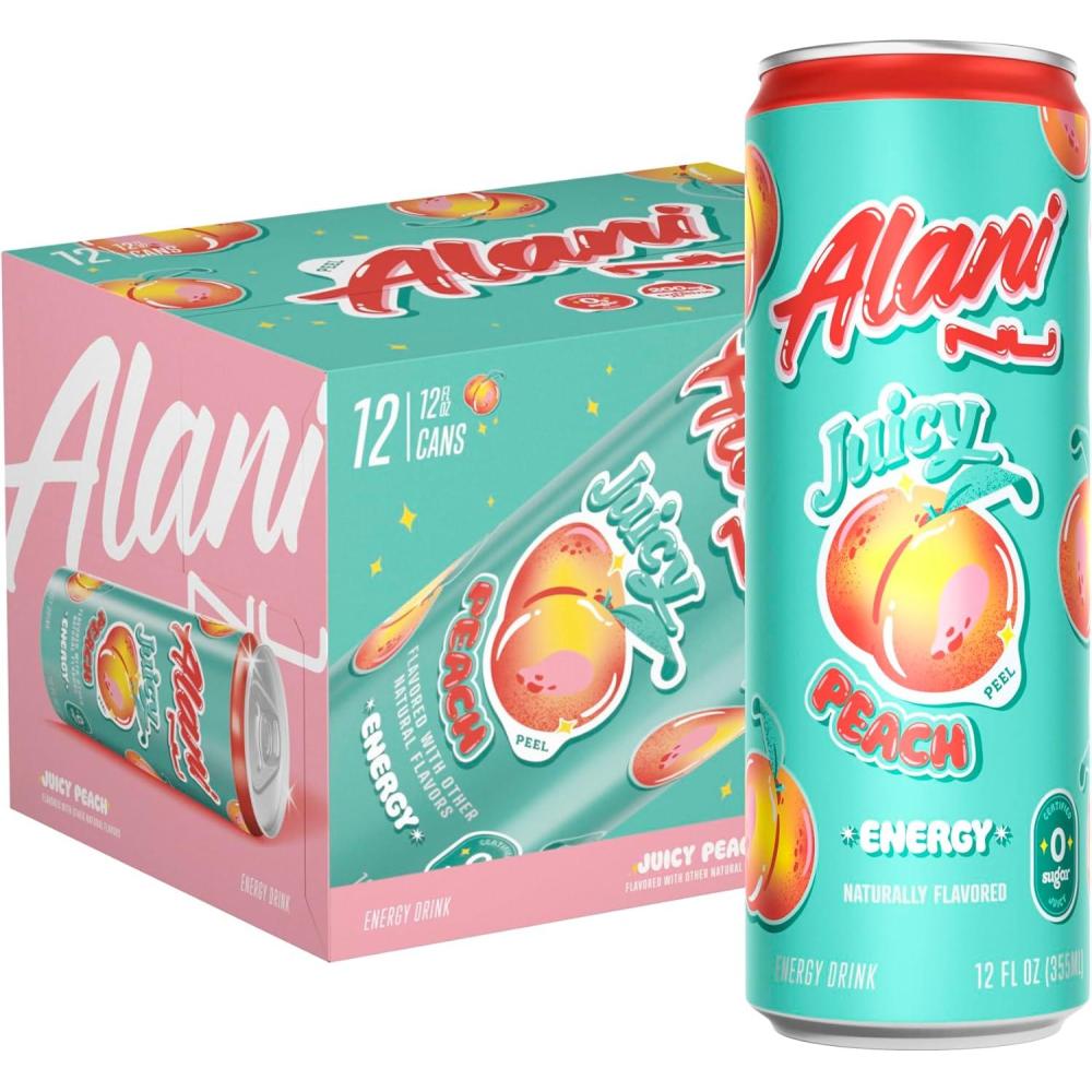 imageAlani Nu JUICY PEACH Sugar Free Low Calorie Energy Drinks 200mg Caffeine Biotin B Vitamins Zero Sugar 10 Calories 12 Fl Oz Cans 12 PackJuicy Peach