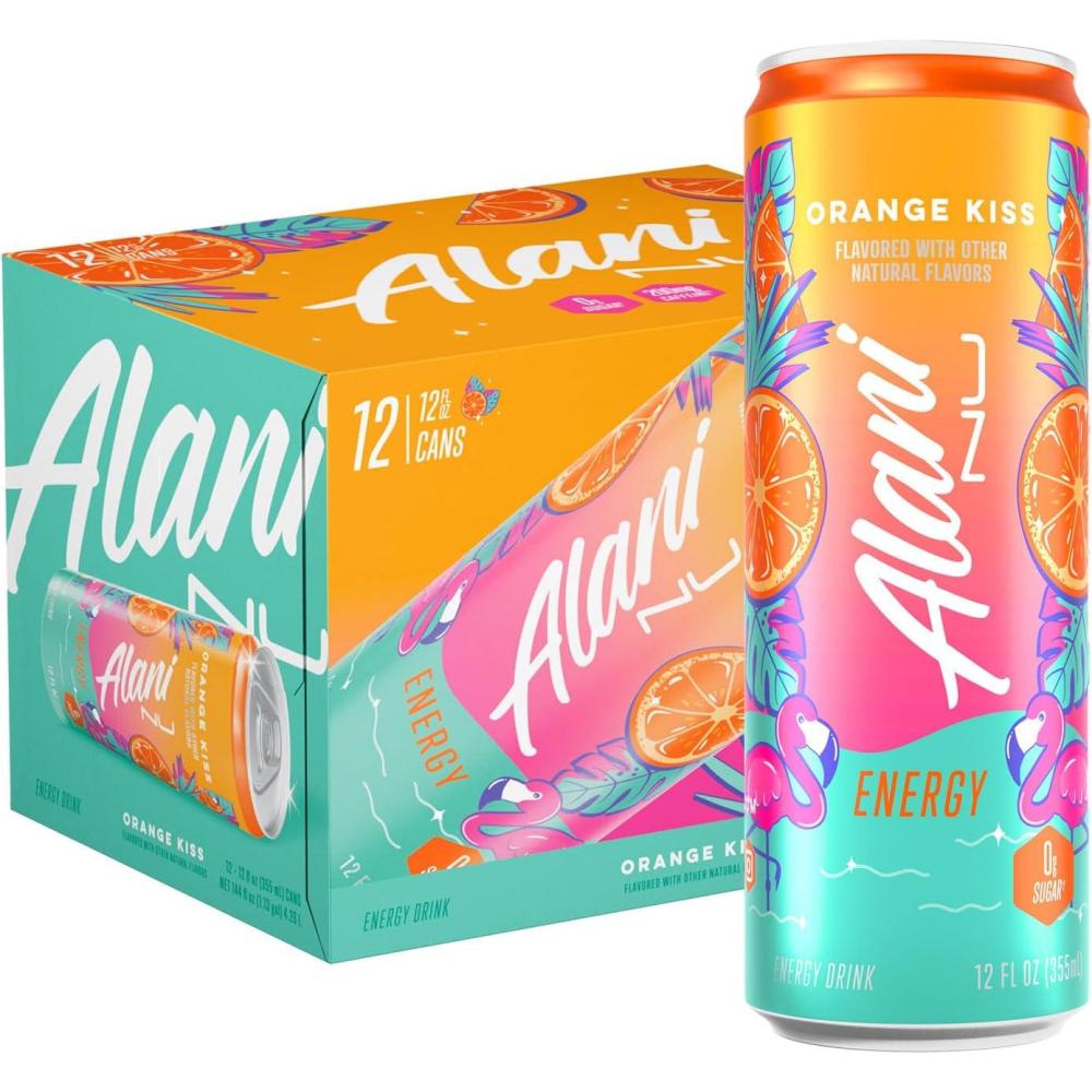 imageAlani Nu JUICY PEACH Sugar Free Low Calorie Energy Drinks 200mg Caffeine Biotin B Vitamins Zero Sugar 10 Calories 12 Fl Oz Cans 12 PackOrange Kiss