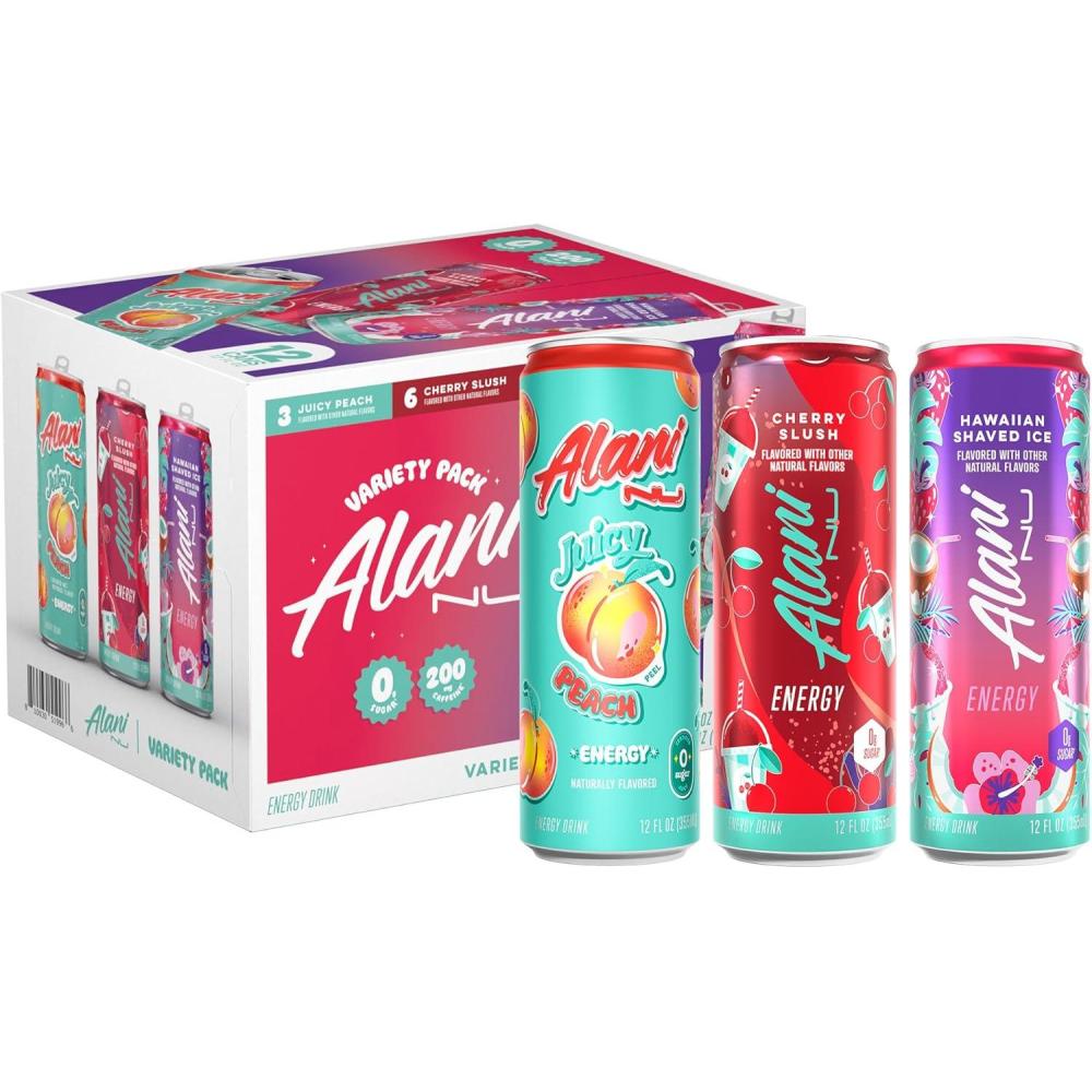 imageAlani Nu JUICY PEACH Sugar Free Low Calorie Energy Drinks 200mg Caffeine Biotin B Vitamins Zero Sugar 10 Calories 12 Fl Oz Cans 12 PackVariety Pack Cherry Slush Juicy Peach Hawaiian Shaved Ice