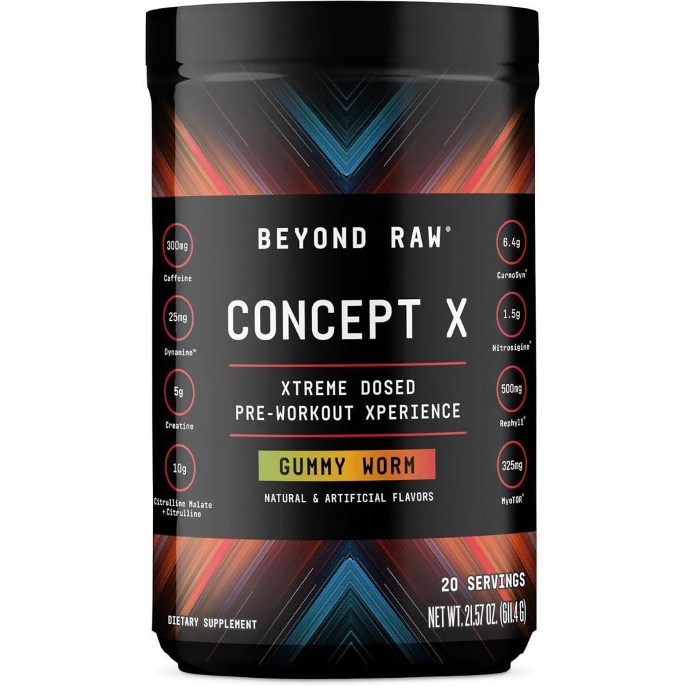 imageBEYOND RAW Concept X Clinically Dosed PreWorkout Powder Contains Caffeine LCitrulline Creatine and BetaAlanine Orange Mango 20 ServingsGummy Worm