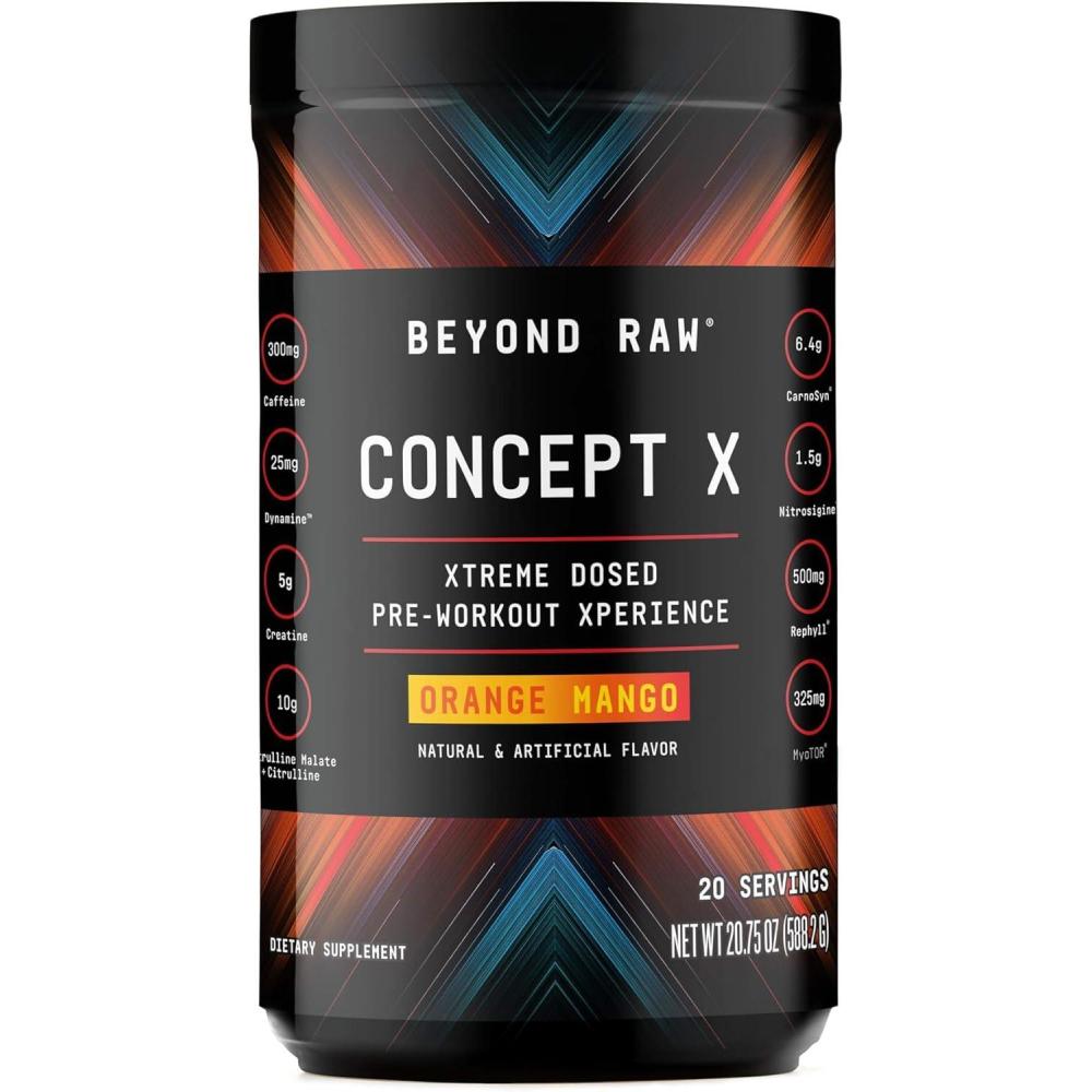 imageBEYOND RAW Concept X Clinically Dosed PreWorkout Powder Contains Caffeine LCitrulline Creatine and BetaAlanine Orange Mango 20 ServingsOrange Mango