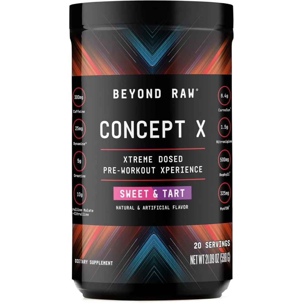 imageBEYOND RAW Concept X Clinically Dosed PreWorkout Powder Contains Caffeine LCitrulline Creatine and BetaAlanine Orange Mango 20 ServingsSweet and Tart