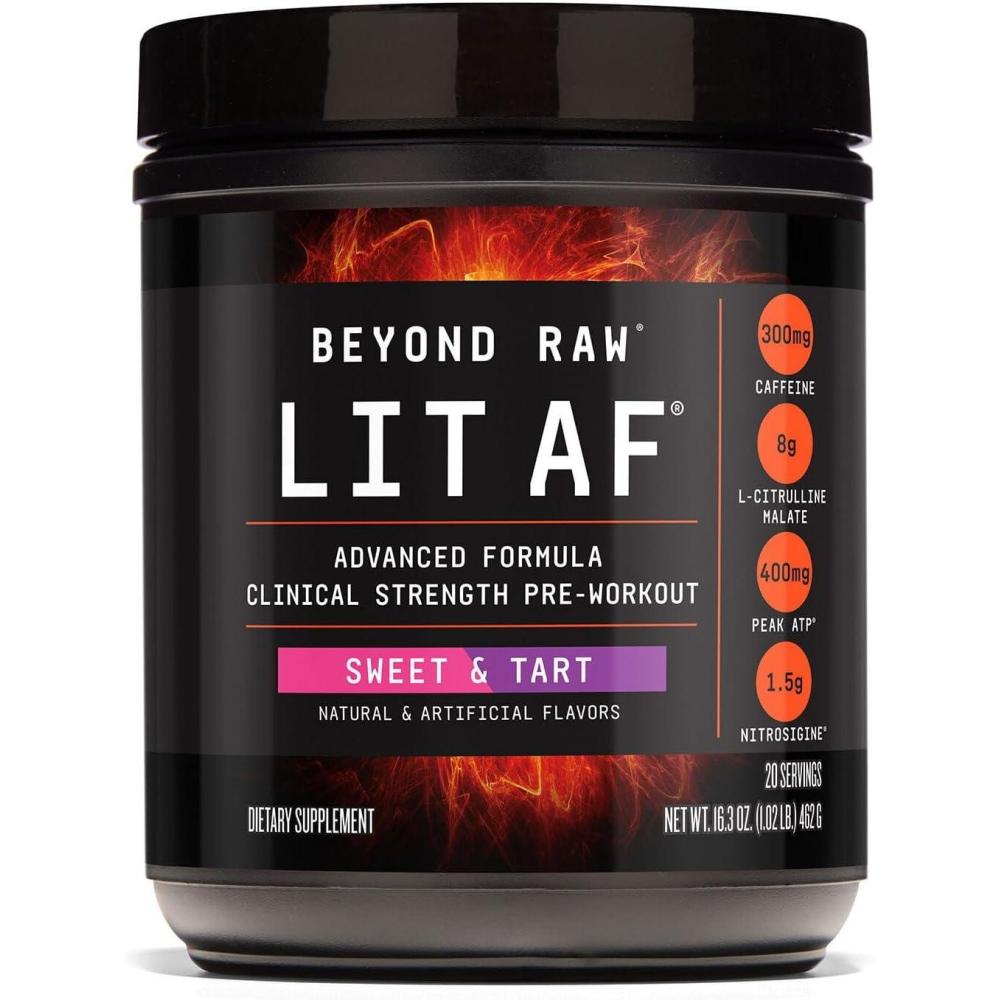 imageBEYOND RAW LIT Advanced Pre Workout Formula Lemon Ice for Energy Focus Endurance Pumps with 300mg Rapid and Targeted Release Caffeine Creatine Betaine Beta Alanine Taurine 20 ServingsSweet and Tart