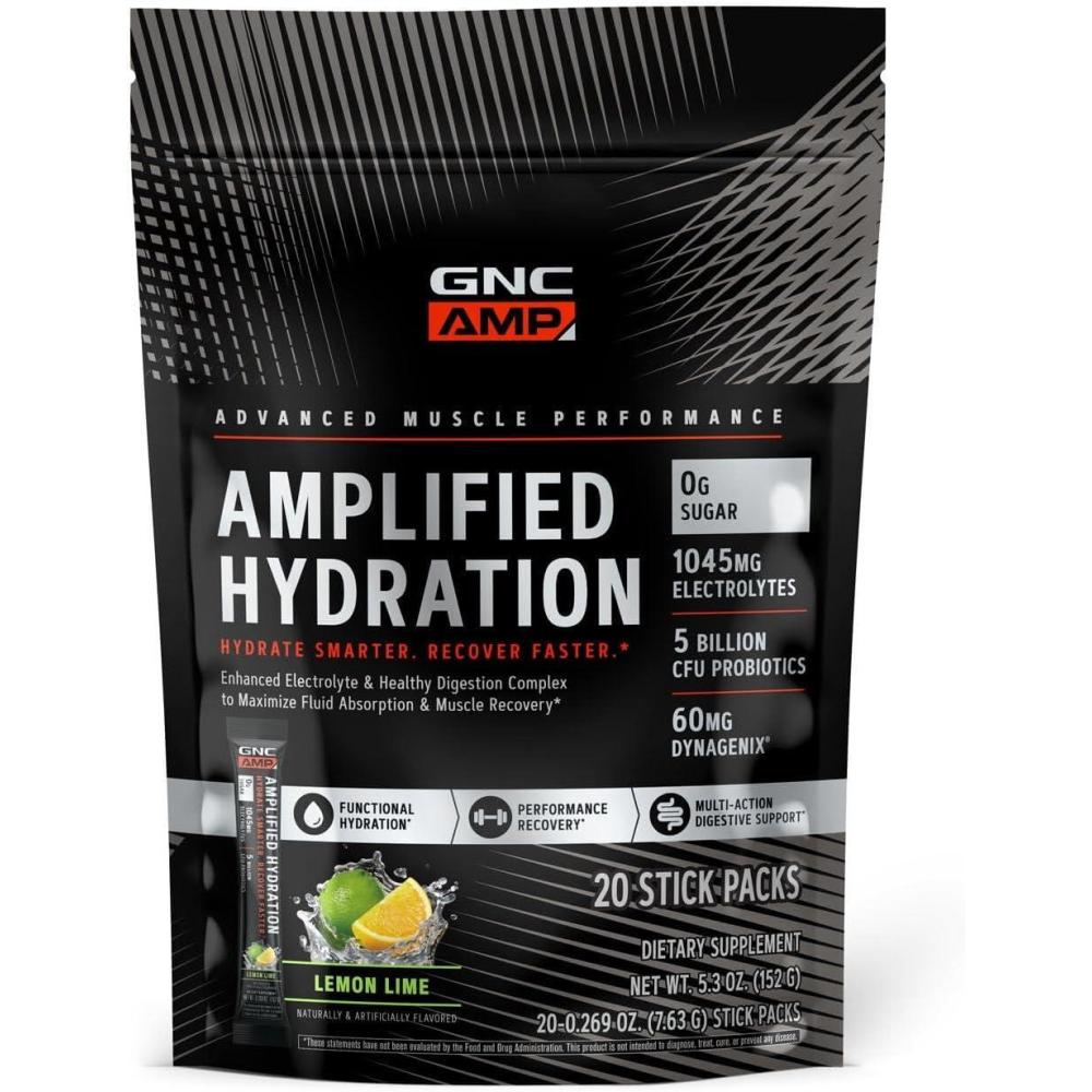 imageGNC AMP Amplified Hydration Electrolyte Powder Drink Mix Enhanced Electrolyte amp Healthy Digestion Complex Acai Blueberry Pomegranate 10 CountLemon