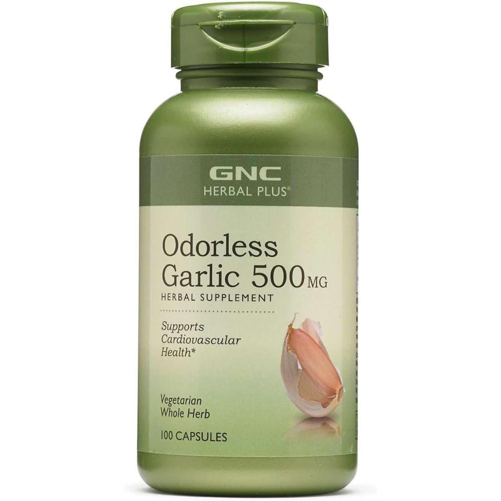 imageGNC Herbal Plus Odorless Garlic 500mg Supplement Vegetarian Supports Cardiovascular Health 100 Servings