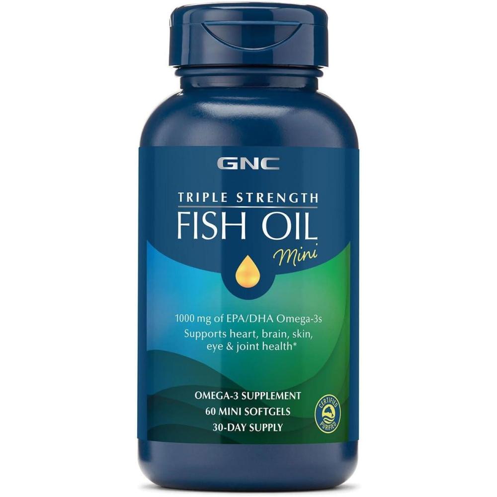 imageGNC Triple Strength Fish Oil Mini Omega 3 Supplement 1000mg EPA and DHA Supports Heart Brain Skin Eye and Joint Health 60 Mini Softgels60 Count Pack of 1