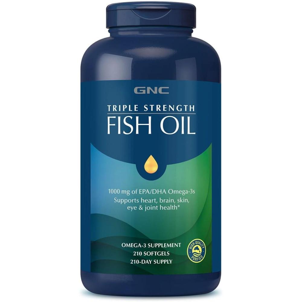 imageGNC Triple Strength Fish Oil Omega 3 Supplement 1000mg EPA and DHA Supports Heart Brain Skin Eye and Joint Health 210 Softgels