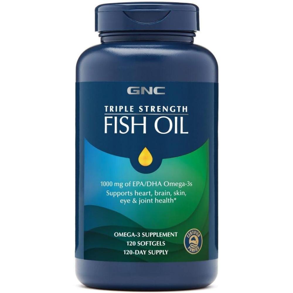 imageGNC Triple Strength Fish Oil Omega 3 Supplement 1000mg EPA and DHA Supports Heart Brain Skin Eye and Joint Health Burpless Ultra Concentrated High Potency Wild Caught 120 Softgels240 Count Pack of 1