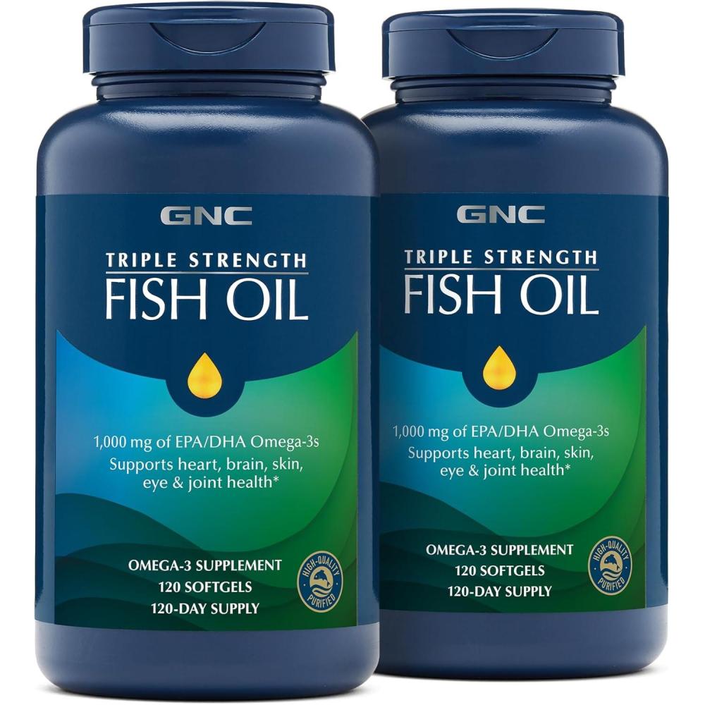 imageGNC Triple Strength Fish Oil Omega 3 Supplement 1000mg EPA and DHA Supports Heart Brain Skin Eye and Joint Health Burpless Ultra Concentrated High Potency Wild Caught 120 Softgels120 Count Pack of 2