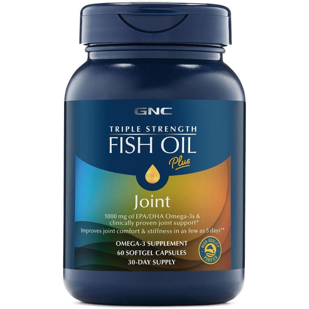 imageGNC Triple Strength Fish Oil Plus Joint Omega 3 1000mg EPA and DHA Heart Health Plus Fast 5 Day Comfort Brain Skin and Eye Antioxidants and Botanical Extracts Control Fish Burps 30 Servings