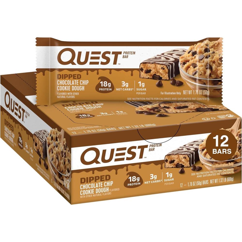 imageQuest Nutrition SMores Protein Bars 21g Protein 1g Sugar 4g Net Carb Gluten Free Keto Friendly 12 CountDipped Chocolate Chip Cookie Dough