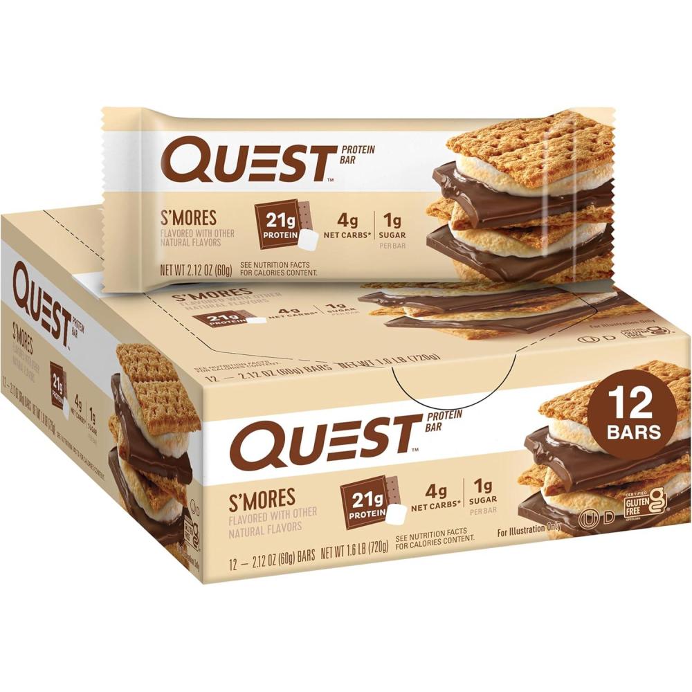 imageQuest Nutrition SMores Protein Bars 21g Protein 1g Sugar 4g Net Carb Gluten Free Keto Friendly 12 CountSmores