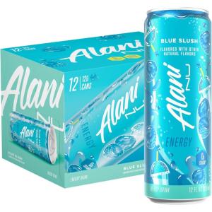 Alani Nu JUICY PEACH, Sugar Free, Low Calorie Energy Drinks, 200mg Caffeine, Biotin, B Vitamins, Zero Sugar, 10 Calories, 12 Fl Oz Cans, 12 Pack(Blue Slush)