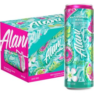 Alani Nu JUICY PEACH, Sugar Free, Low Calorie Energy Drinks, 200mg Caffeine, Biotin, B Vitamins, Zero Sugar, 10 Calories, 12 Fl Oz Cans, 12 Pack(Watermelon Wave)