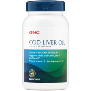 GNC Cod Liver Oil Omega 3 Supplement, 260mg EPA and DHA, Supports Heart, Brain, Skin, Eye and Joint Health, 90 Softgels