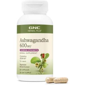 GNC Herbal Plus Ashwagandha 600mg Supplement, Clinical Strength, Vegetarian, Stress Relief Support, 30 Servings