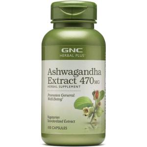 GNC Herbal Plus Ashwagandha Extract 470mg Supplement, Vegetarian, Provides General Well-Being, 100 Servings