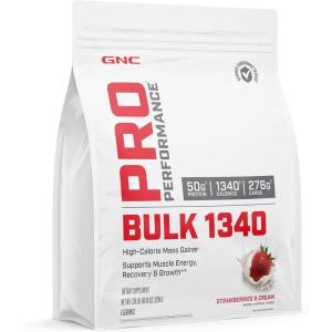 GNC Pro Performance Bulk 1340 Mass Gainer Protein Powder, 50g of Protein, Gluten Free, Whey, Creatine, BCAA, 3rd Party Tested, Muscle Recovery, Micronutrients, Strawberries & Cream, 9 Servings