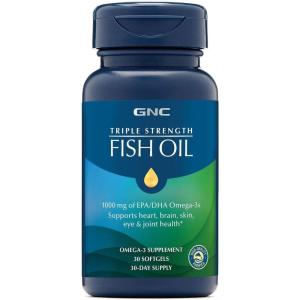 GNC Triple Strength Fish Oil Omega 3 Supplement, 1000mg EPA and DHA, Supports Heart, Brain, Skin, Eye and Joint Health, Burpless, Ultra Concentrated, High Potency, Wild Caught, 120 Softgels(30 Count (Pack of 1))
