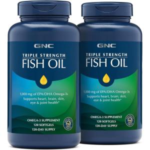 GNC Triple Strength Fish Oil Omega 3 Supplement, 1000mg EPA and DHA, Supports Heart, Brain, Skin, Eye and Joint Health, Burpless, Ultra Concentrated, High Potency, Wild Caught, 120 Softgels(120 Count (Pack of 2))
