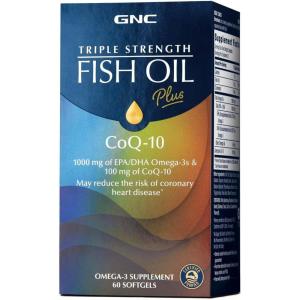 GNC Triple Strength Fish Oil Plus CoQ10 Omega 3 Supplement, 1000mg EPA and DHA, 100mg CoQ10, Heart and Circulatory Health, Plus Skin, Joint, Brain, and Eye, Coated to Control Fishy Burps, 30 Servings