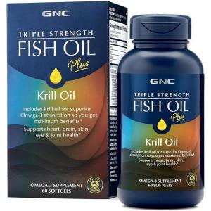 GNC Triple Strength Fish Oil Plus Krill Oil Omega 3 Supplement, 1000mg EPA and DHA, Supports Heart, Brain, Skin, Eye and Joint Health, 60 Softgels