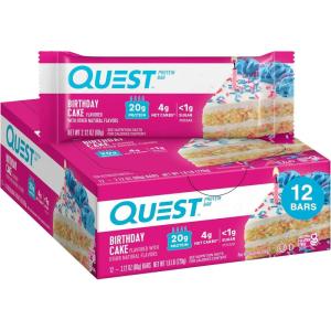 Quest Nutrition S’Mores Protein Bars, 21g Protein, 1g Sugar, 4g Net Carb, Gluten Free, Keto Friendly, 12 Count(Birthday Cake)