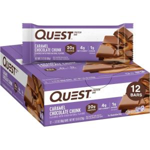 Quest Nutrition S’Mores Protein Bars, 21g Protein, 1g Sugar, 4g Net Carb, Gluten Free, Keto Friendly, 12 Count(Caramel Chocolate Chunk)