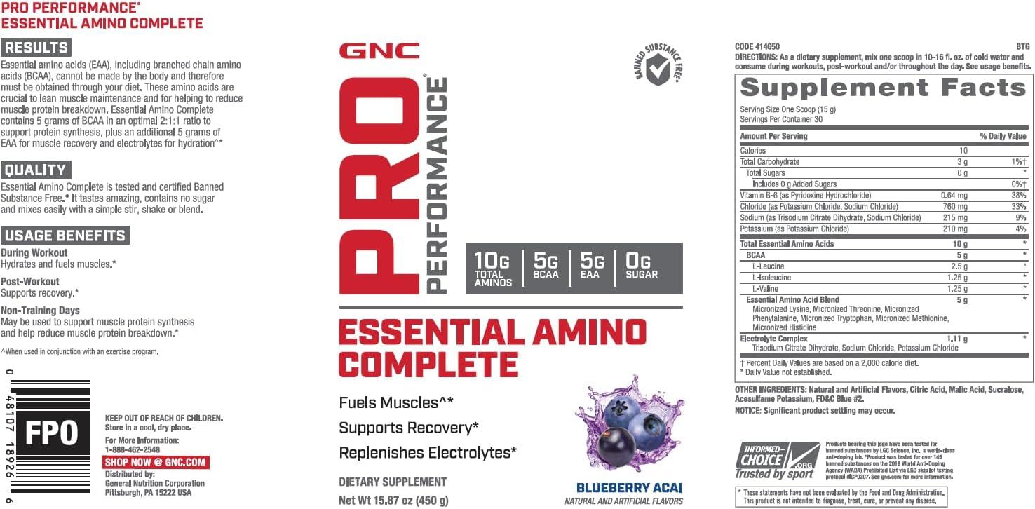 imageGNC Pro Performance Essential Amino Complete Blueberry Acai 30 Servings