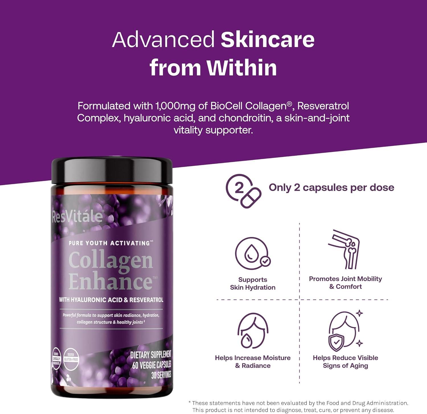 imageResVitle Collagen Enhance Beauty Supplement with Hyaluronic Acid amp Resveratrol 120 Capsules60 Count Pack of 1
