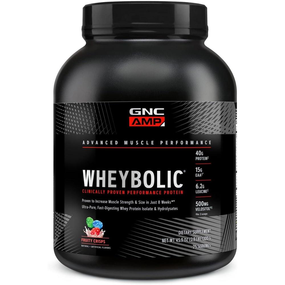 imageGNC AMP Wheybolic Clinically Proven Protein Powder 40g Whey Protein BCAA Leucine Increases Muscle Strength Muscle Building 3rd Party Tested Gluten Free Banana Milkshake 25 ServingsFruity Crisps
