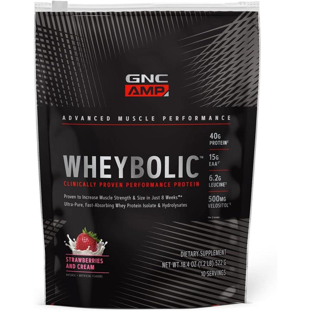 imageGNC AMP Wheybolic Clinically Proven Protein Powder 40g Whey Protein BCAA Leucine Increases Muscle Strength Muscle Building 3rd Party Tested Gluten Free Banana Milkshake 25 ServingsStrawberries and Cream