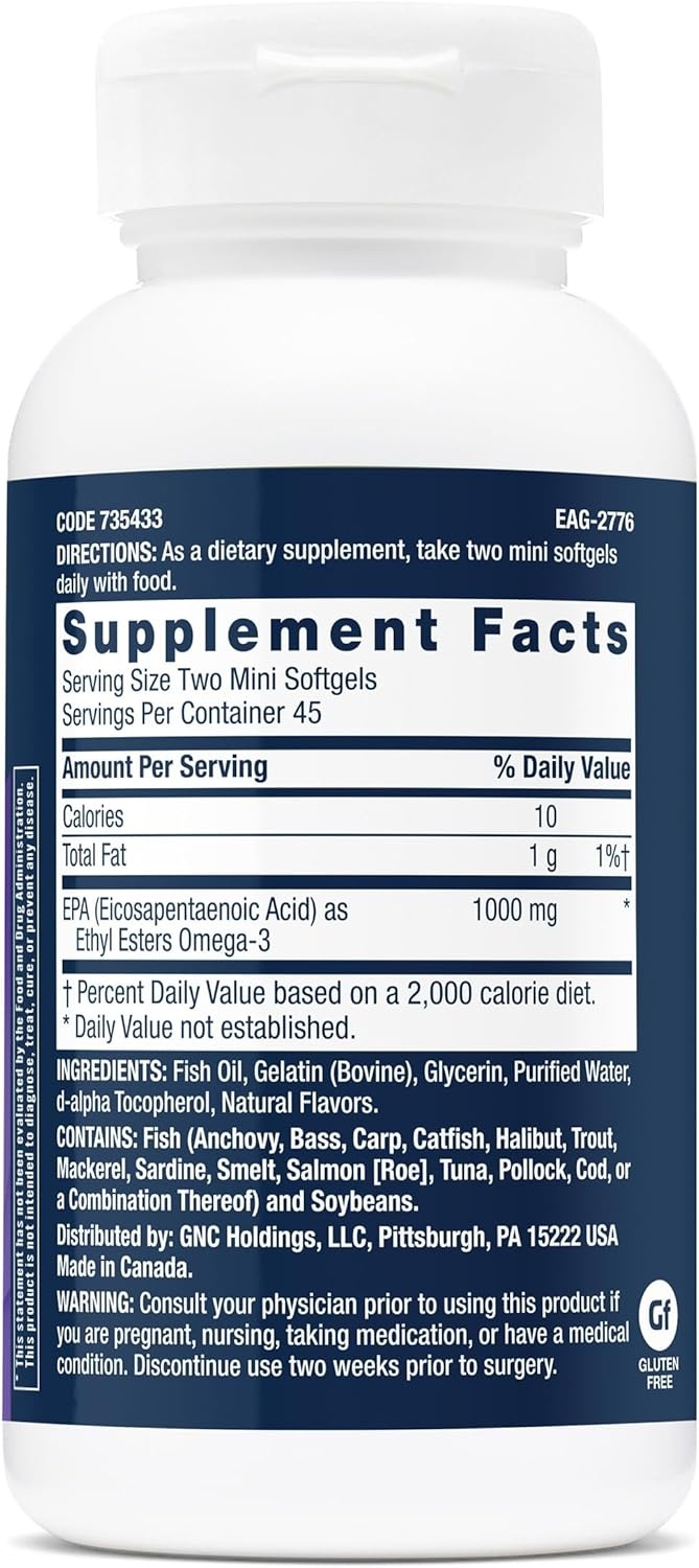 imageGNC Triple Strength Fish Oil EPA 1000 Mini 1000mg Omega 3 Mini Softgels Supports Eye Brain Skin Healthy Triglycerides Heart Joint Coated to Control Fishy Burps 45 ServingsNew Version