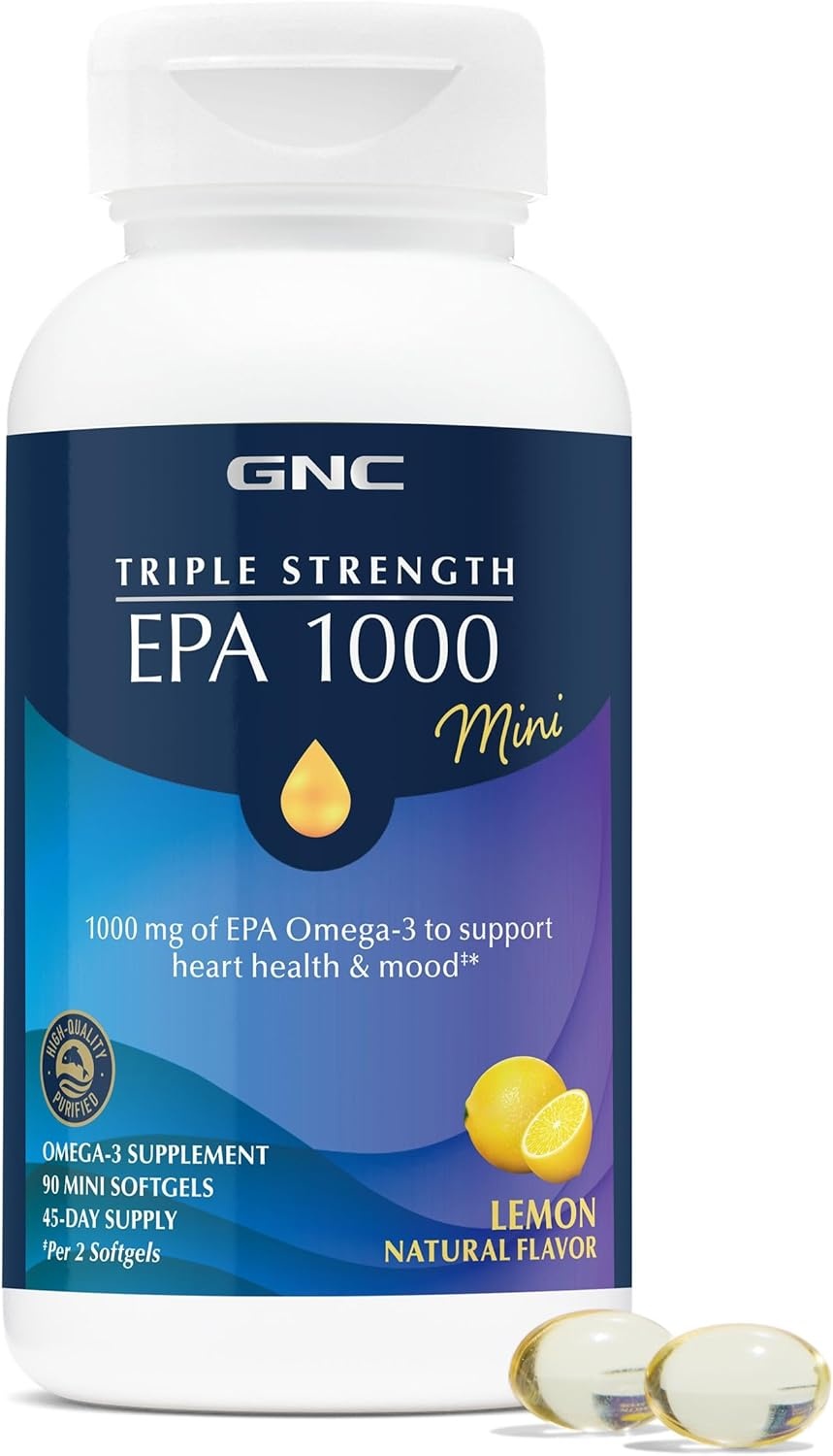 imageGNC Triple Strength Fish Oil EPA 1000 Mini 1000mg Omega 3 Mini Softgels Supports Eye Brain Skin Healthy Triglycerides Heart Joint Coated to Control Fishy Burps 45 ServingsNew Version